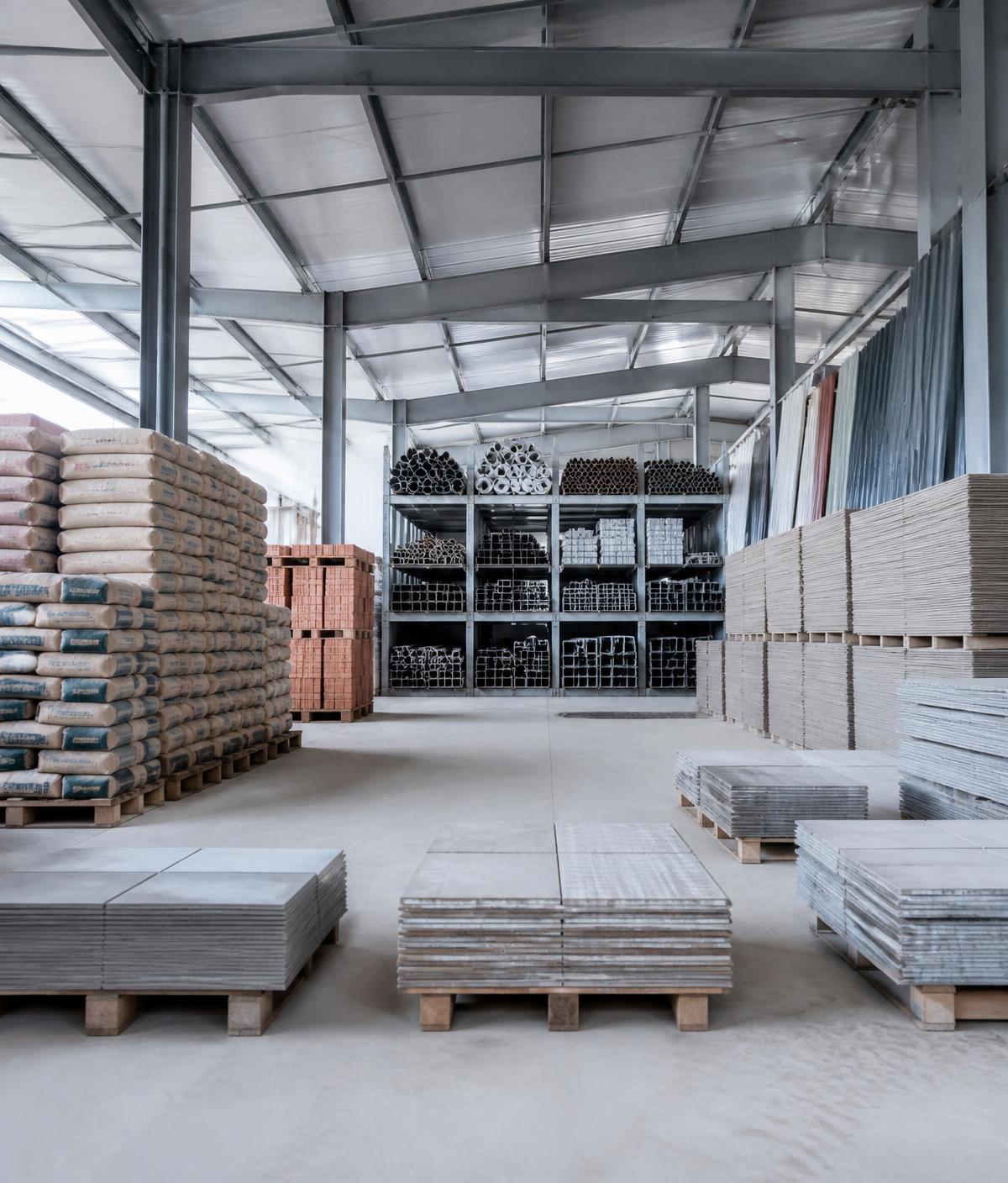 Stacked building materials in a supply yard