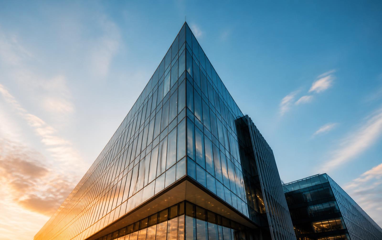 Modern glass commercial office building at golden hour