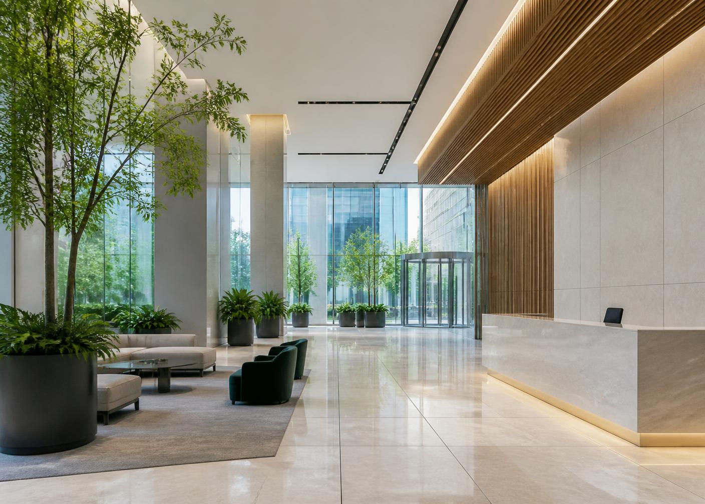 Pristine modern commercial office lobby with planting and polished floors